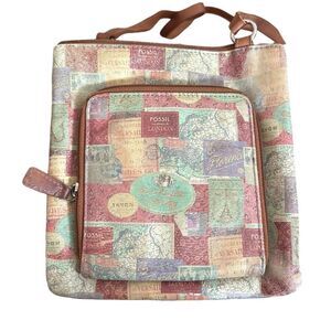 FOSSIL VINTAGE STAMP PATTERN Leather Shoulder Crossbody Bag Wallet Purse